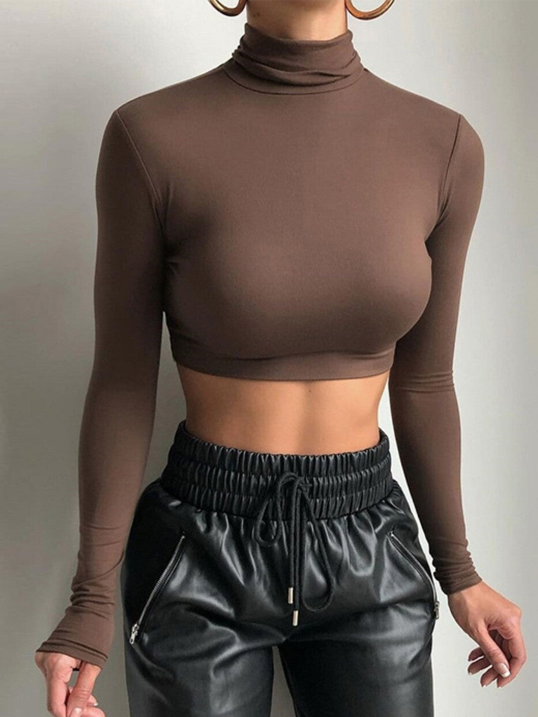 Brown High Neck Solid Long Sleeves Polyester Crop Top