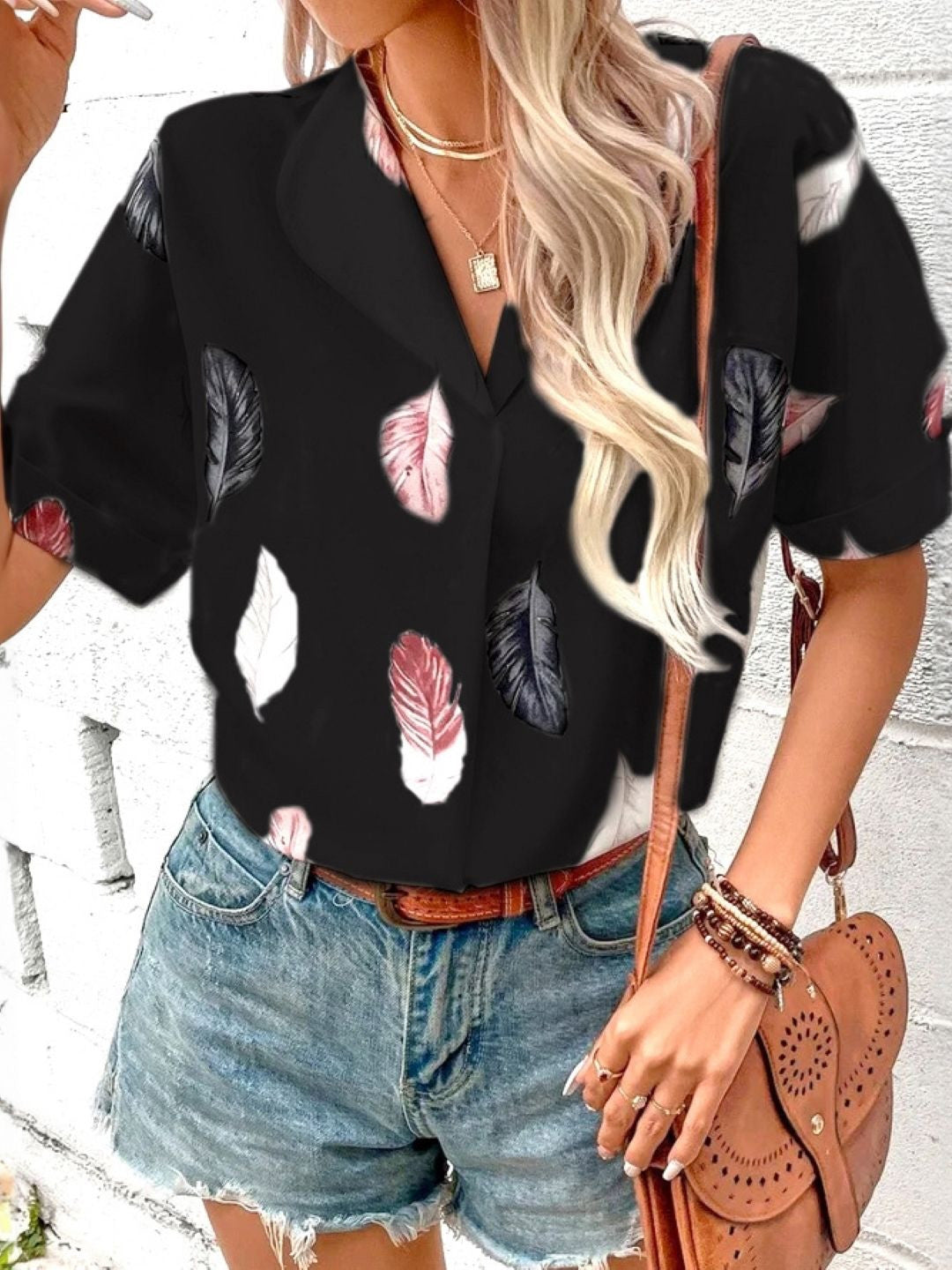 Black V-Neck Tropical Short Sleeves Polyester Regular Top