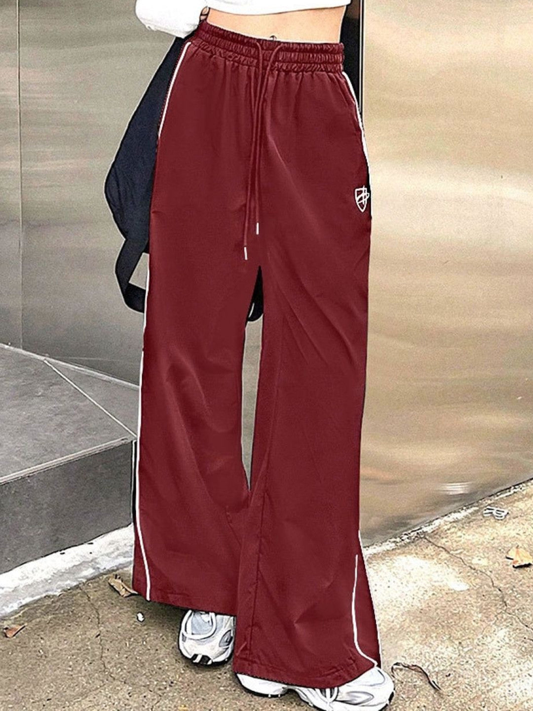 Burgundy Relaxed Fit Striped Polyester Trouser