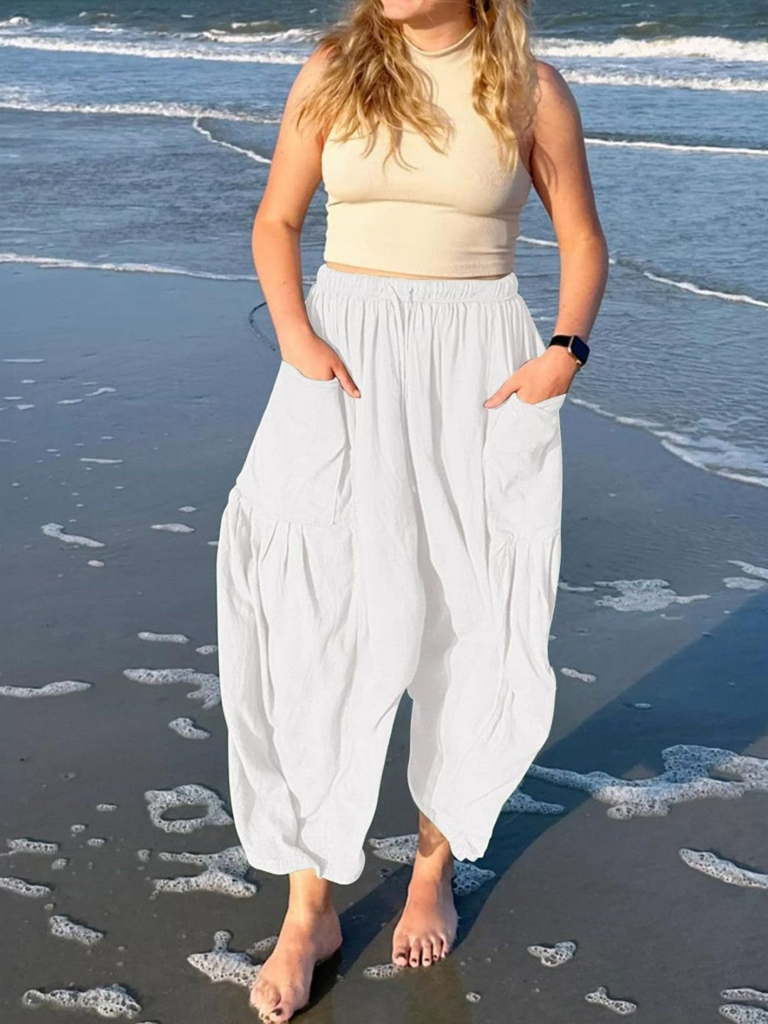 Cream Loose Fit Solid Polyester Trouser