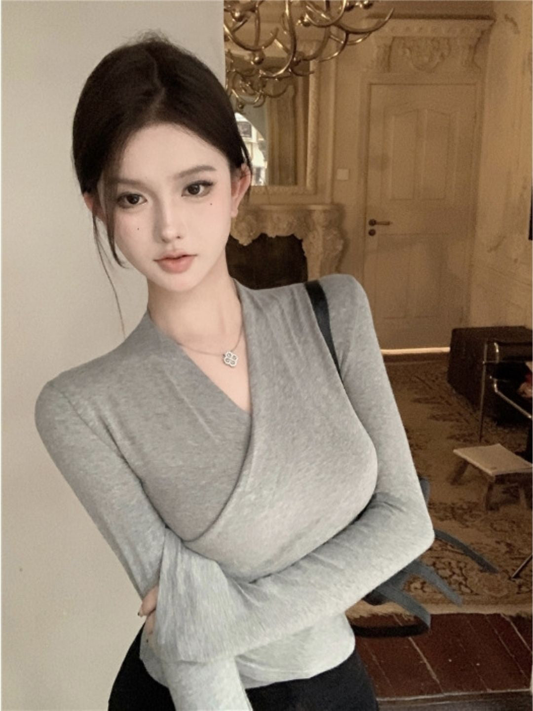 Grey V-Neck Long Sleeves Solid Viscose Rayon Top