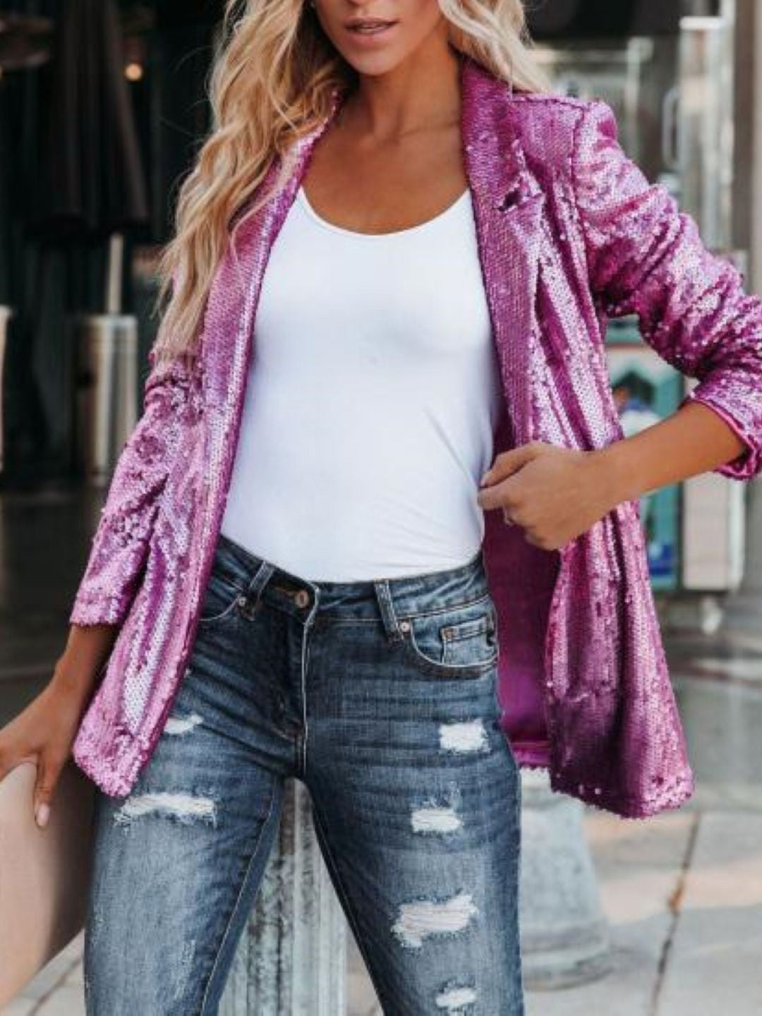 Purple Lapel Collar Solid Long Sleeves Polyester Jacket