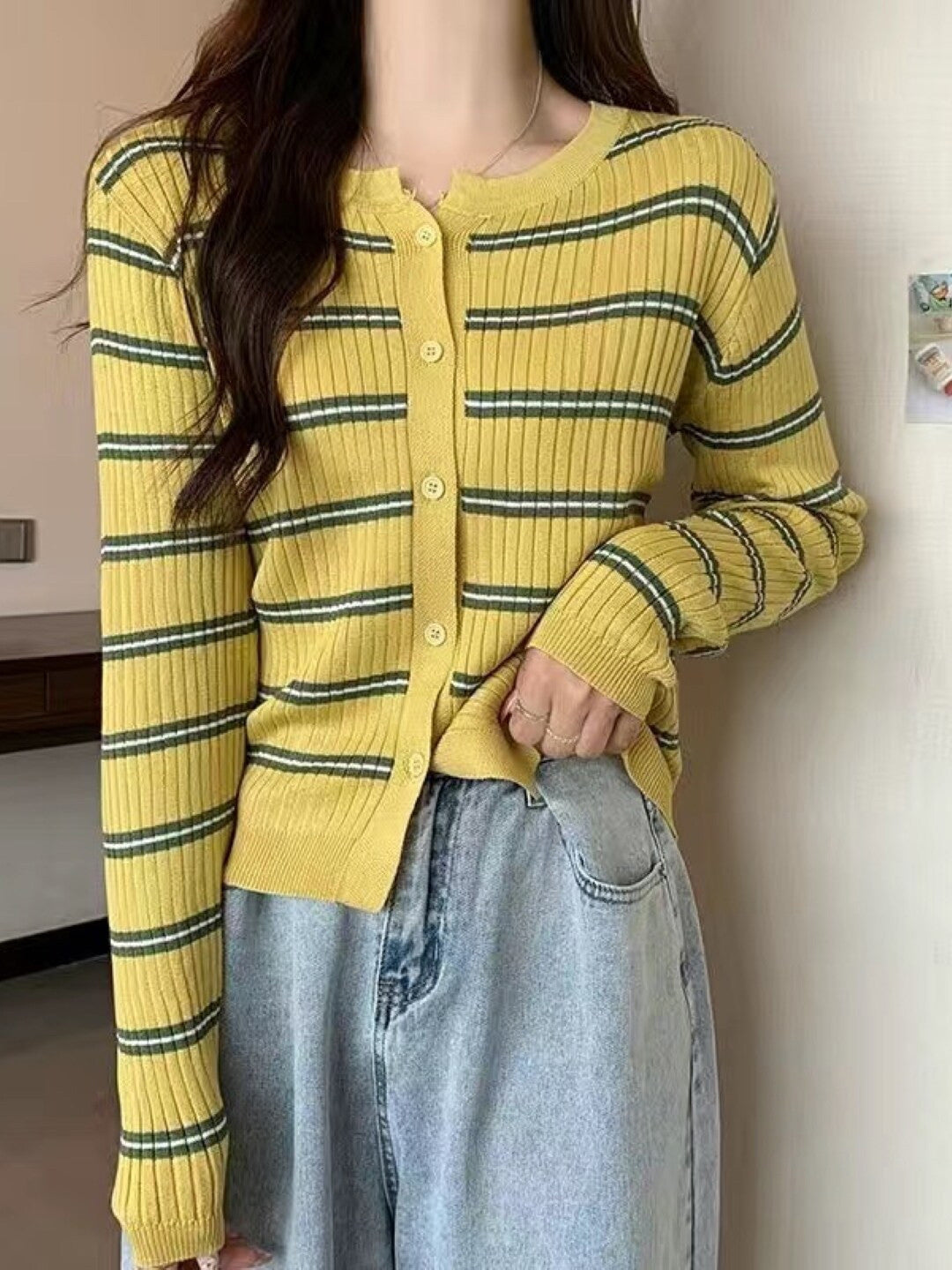 Yellow Shirt Collar Long Sleeves Horizontal Stripes Regular Sleeves Viscose Rayon Top