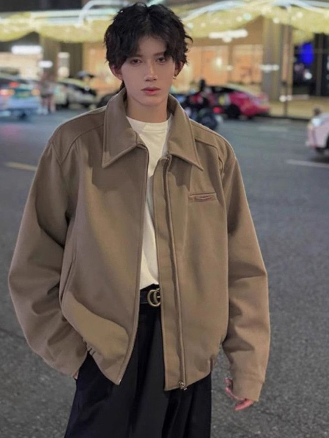 Brown Spread Collar Long Sleeves Solid Polyester Open Front Jacket