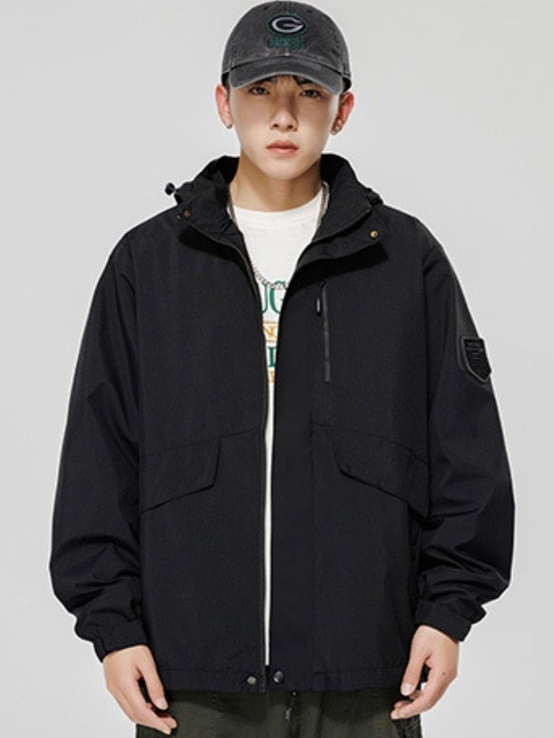 Black Hooded Long Sleeves Solid Polyester Open Front Jacket