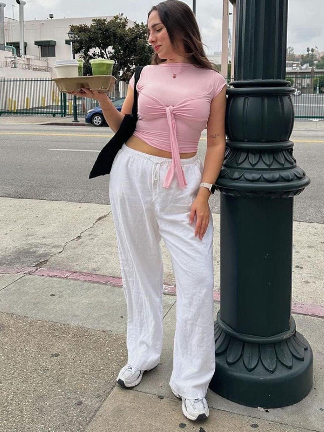 Pink Round Neck Solid Short Sleeves Polyester Crop Top