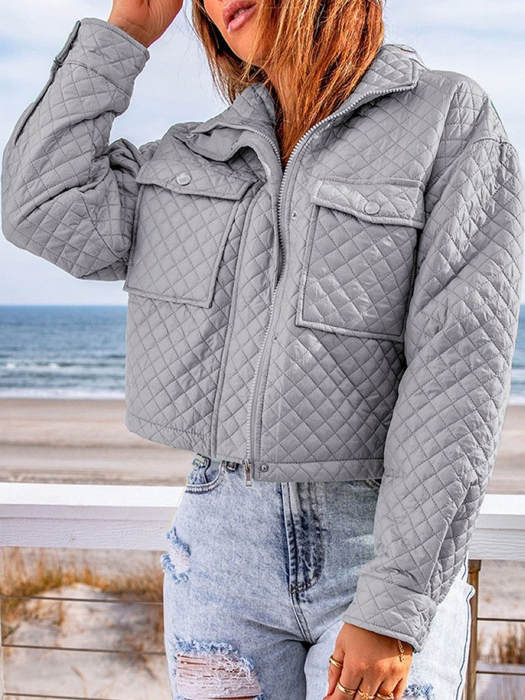 Grey Spread Collar Long Sleeves Solid Polyester Open Front Jacket