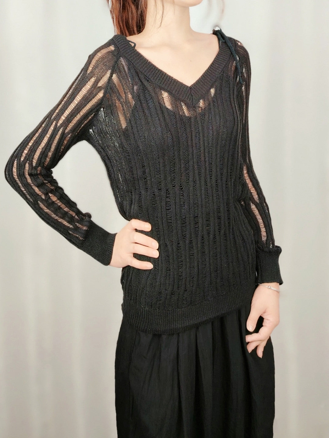 Black V-Neck Solid Long Sleeves Viscose Rayon Regular Top