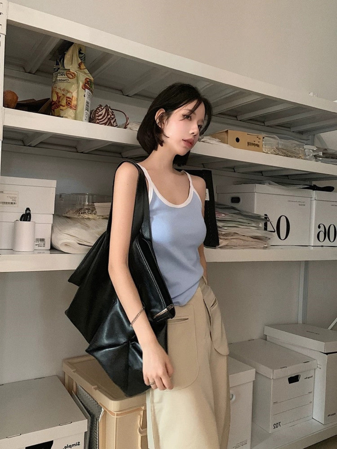 Blue Scoop Neck Sleeveless Solid Polyester Top
