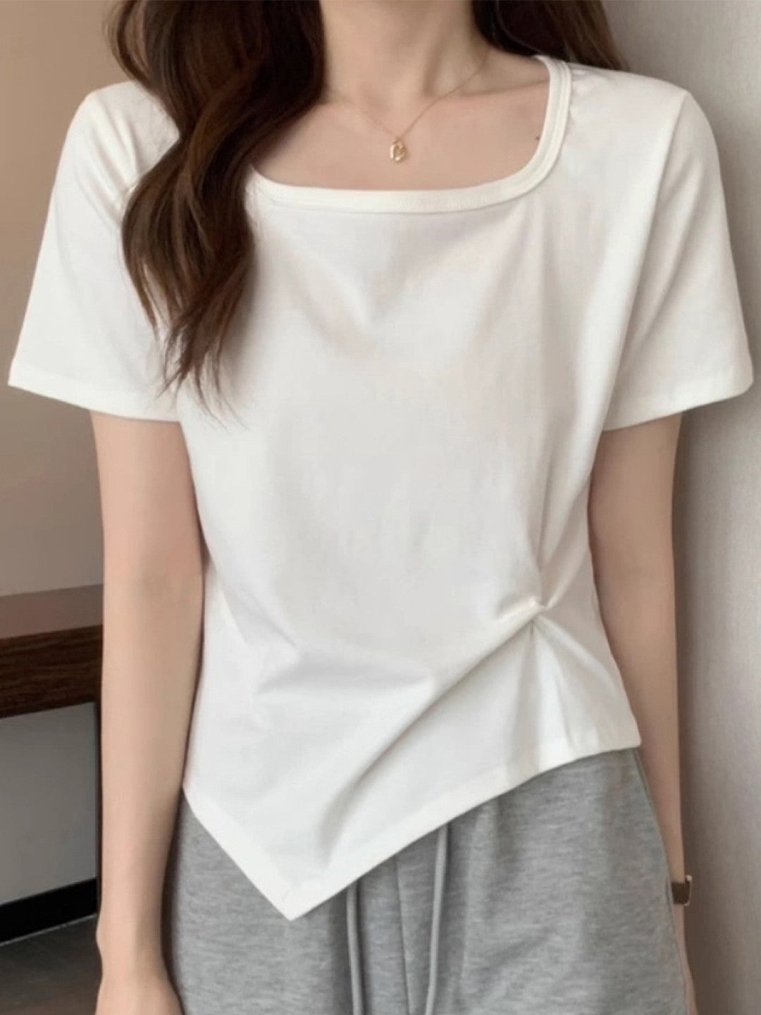 White Square Neck Short Sleeves Solid Polyester Top