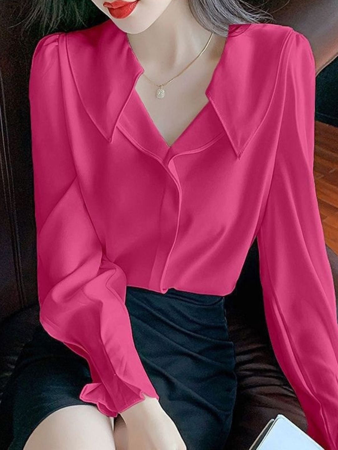 Pink Shirt Collar Long Sleeves Solid Polyester Top