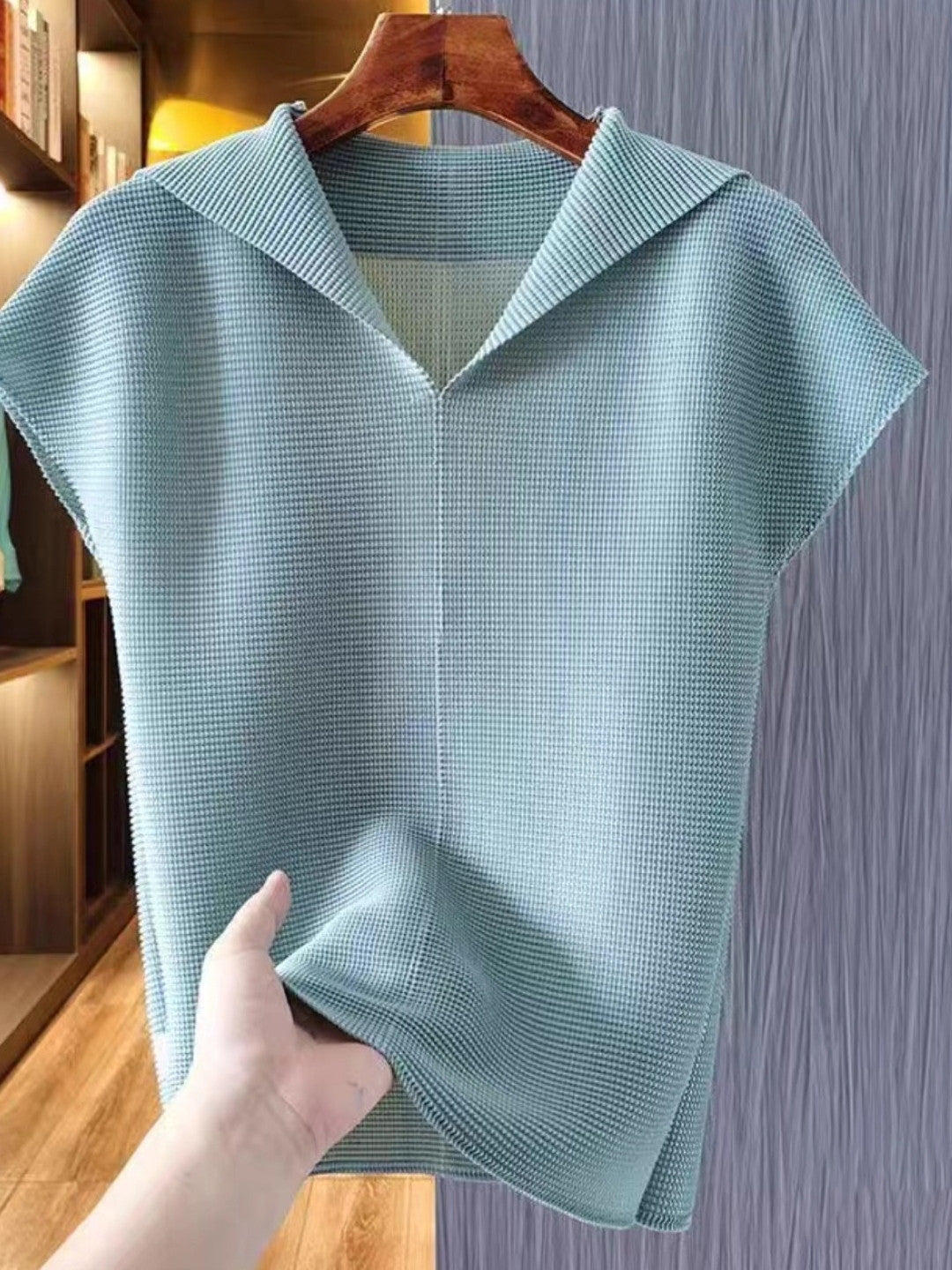 Blue Shirt Collar Solid Short Sleeves Viscose Rayon Regular Top