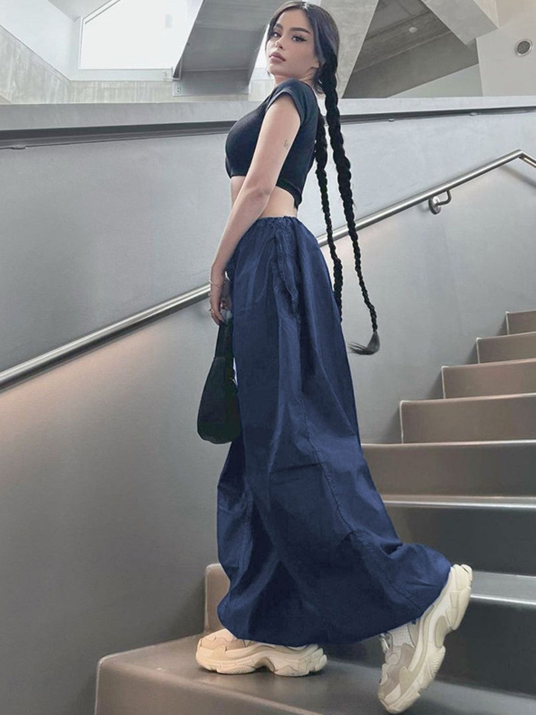 Navy Blue Solid Loose Fit Polyester Trouser