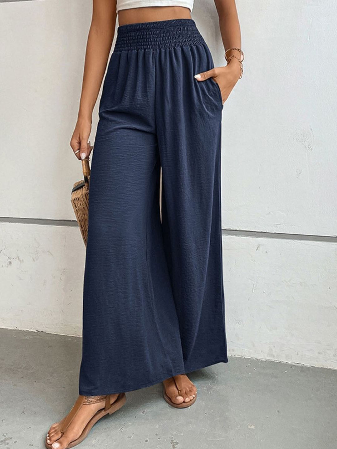 Navy Blue Loose Fit Solid Polyester Trouser