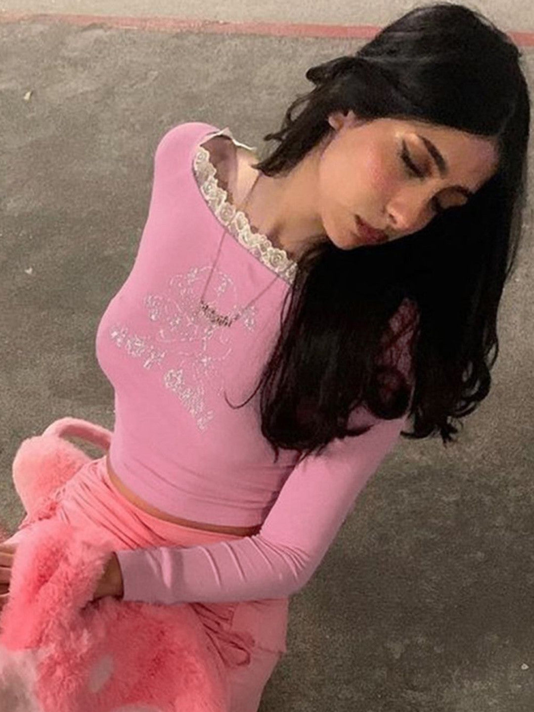 Pink Boat Neck Graphic Long Sleeves Polyester Crop Top