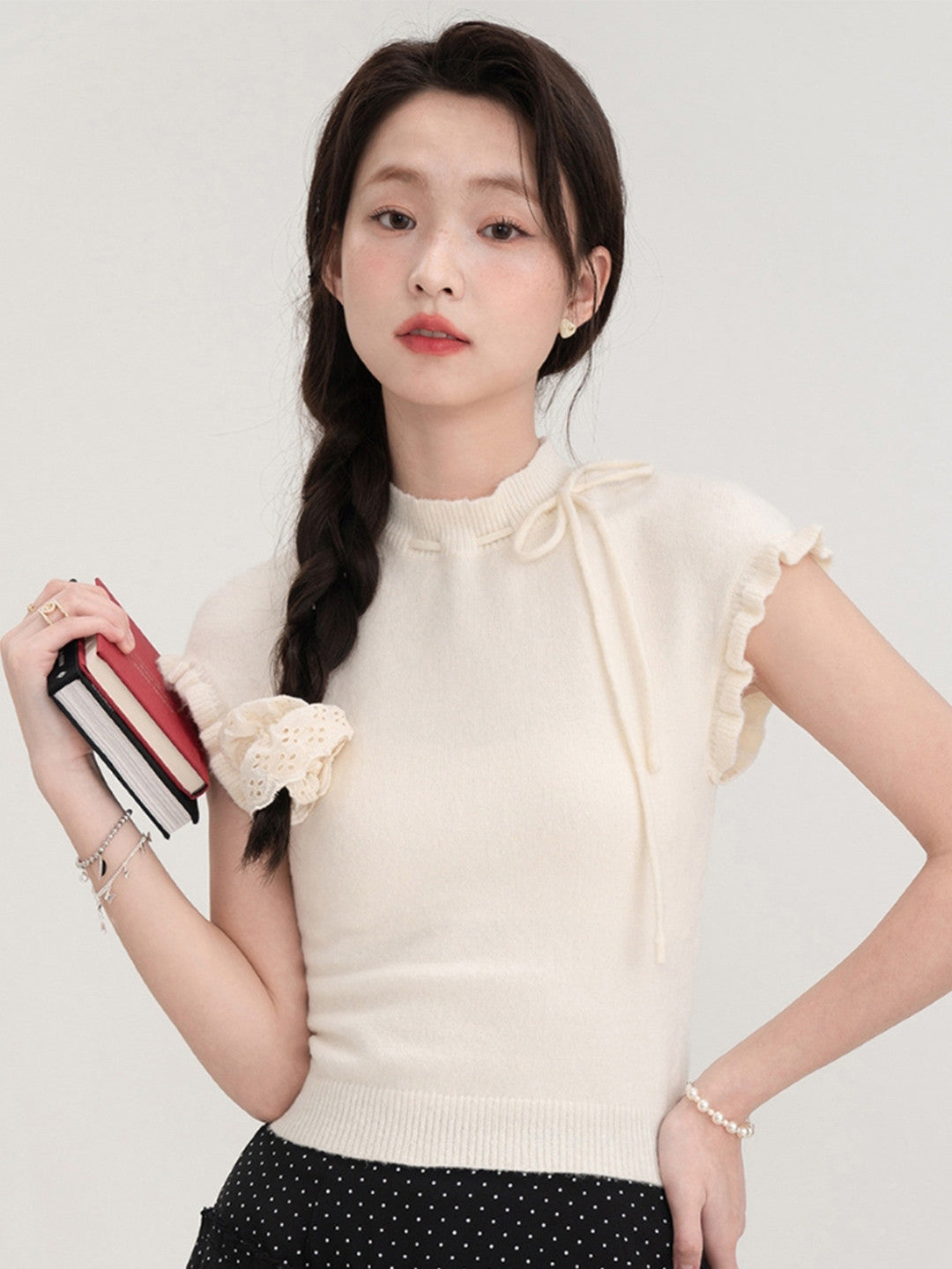 Cream High Neck Sleeveless Solid Polyester Top