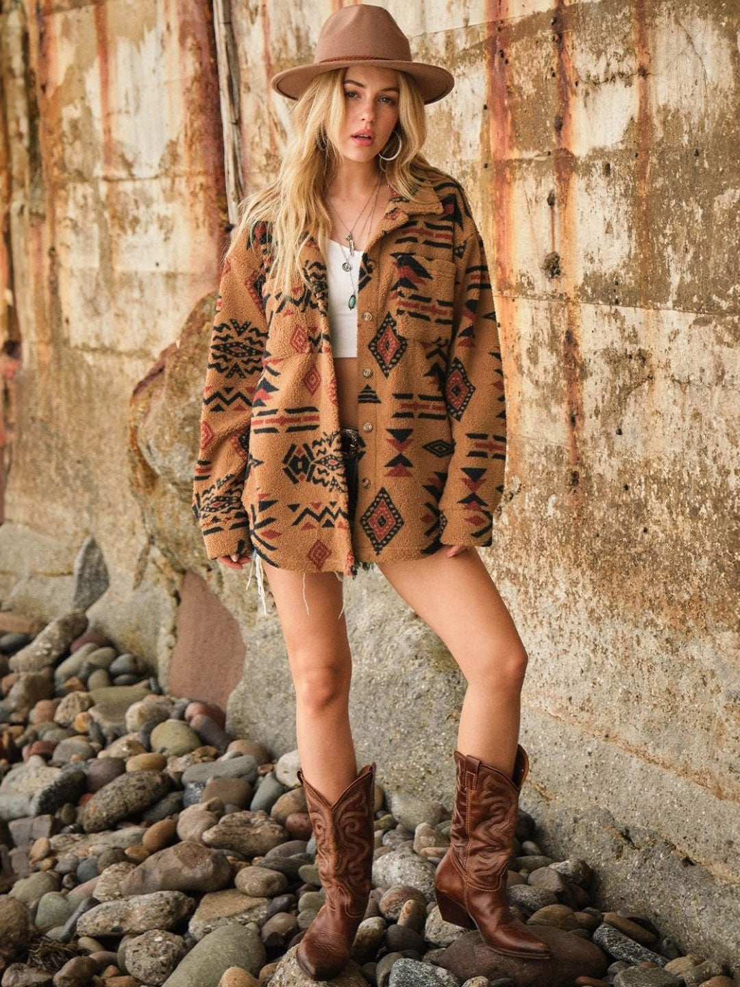 Brown Lapel Collar Long Sleeves Graphic Polyester Open Front Jacket