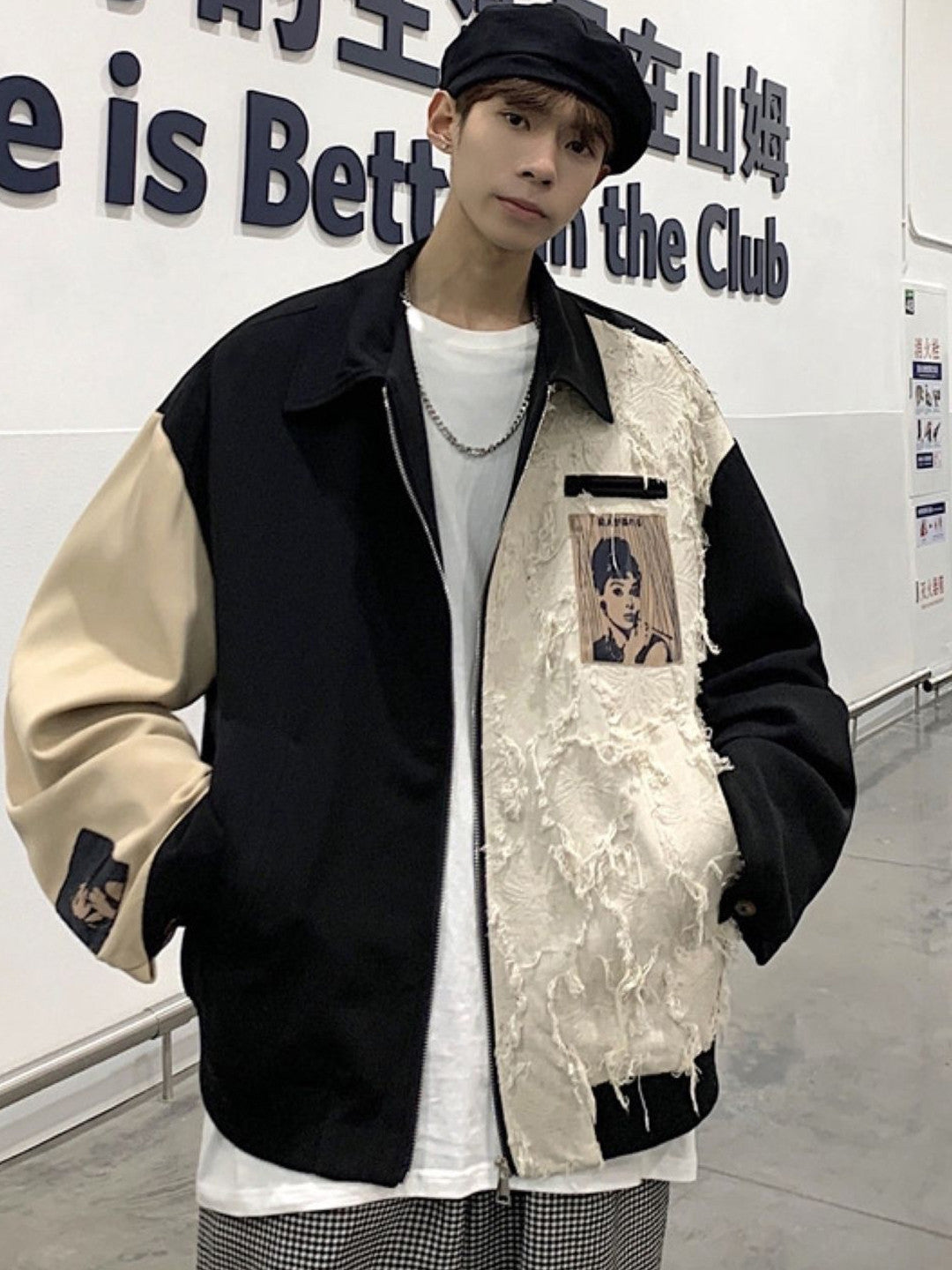 Black Spread Collar Long Sleeves Colourblocked Polyester Open Front Jacket