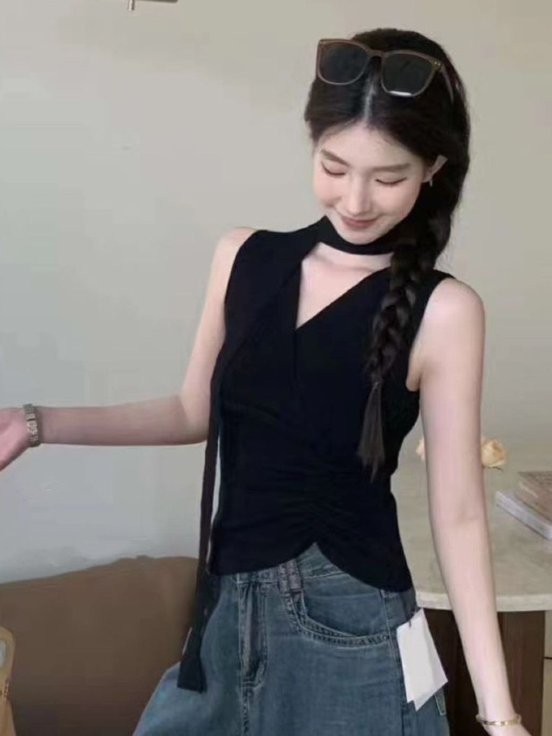 Black V-Neck Sleeveless Solid Polyester Top