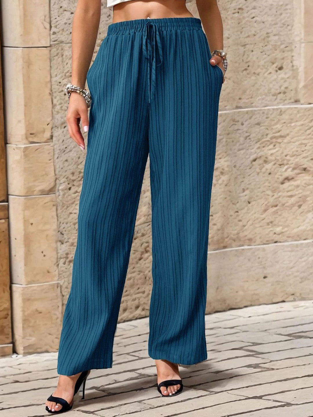 Blue Loose Fit Solid Polyester Trouser