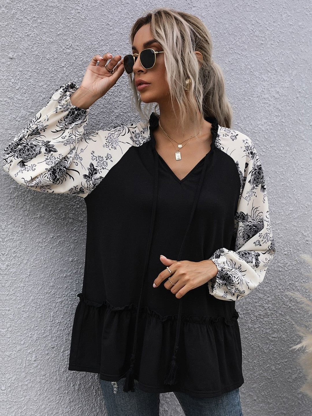Black Tie-Up Neck Floral Long Sleeves Opaque Polyester Top