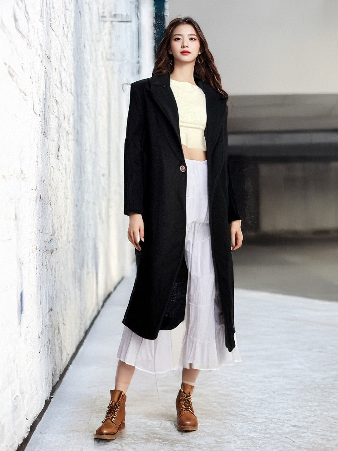 Black Lapel Collar Solid Long Sleeves Polyester Jacket