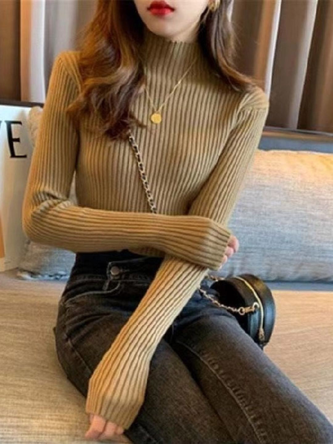 Brown Round Neck Long Sleeves Solid Polyester Top