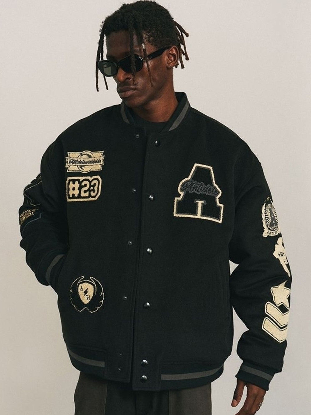 Black Collarless Long Sleeves Printed Polyester Open Front Jacket