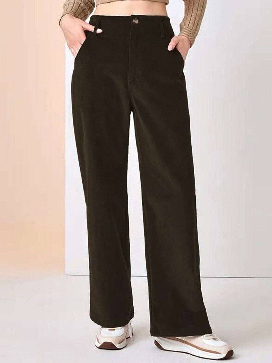 Brown Relaxed Fit Solid Polyester Trouser