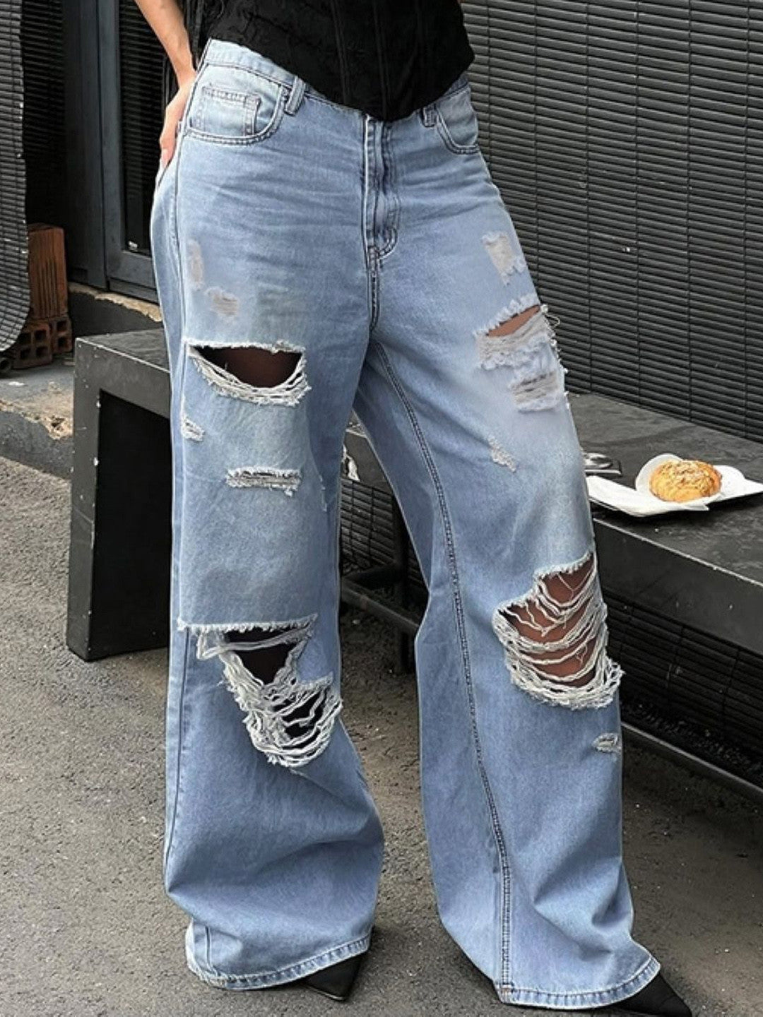 Blue Loose Fit Solid Polyester Trouser