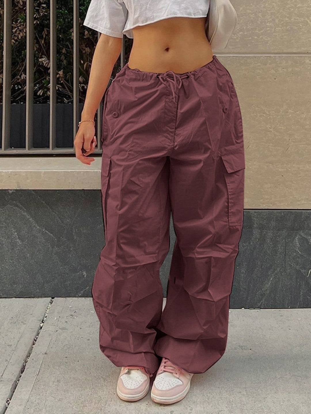 Red Loose Fit Solid Polyester Trouser