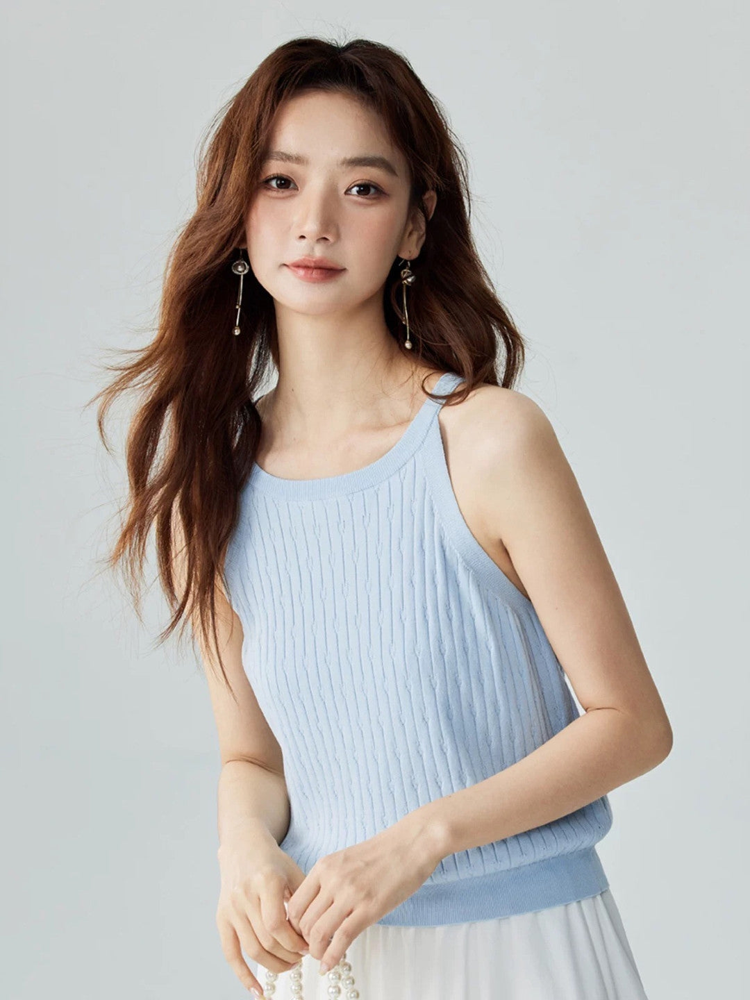 Blue Round Neck Sleeveless Solid Polyester Top
