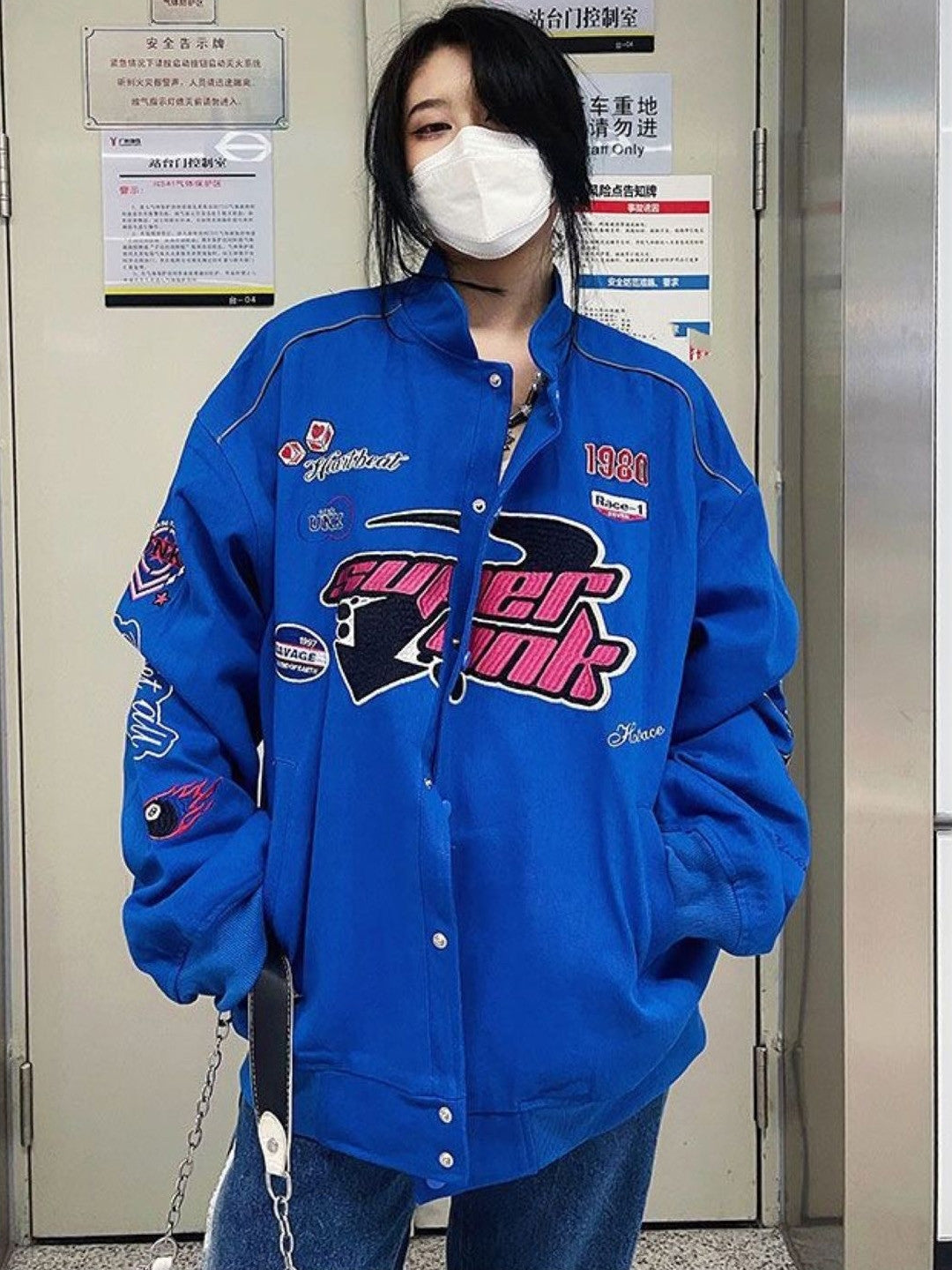 Navy Blue Collarless Long Sleeves Typography Polyester Open Front Jacket