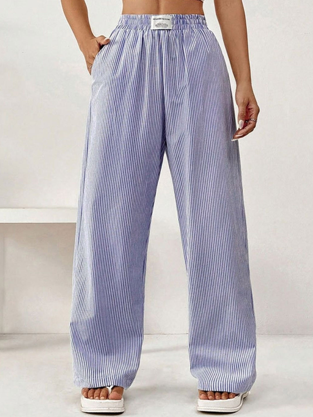 Blue Loose Fit Striped Polyester Trouser