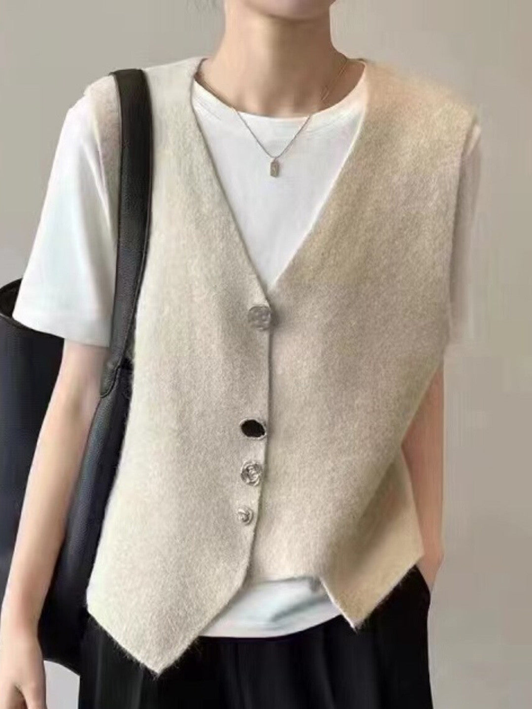 Cream V-Neck Sleeveless Solid Top