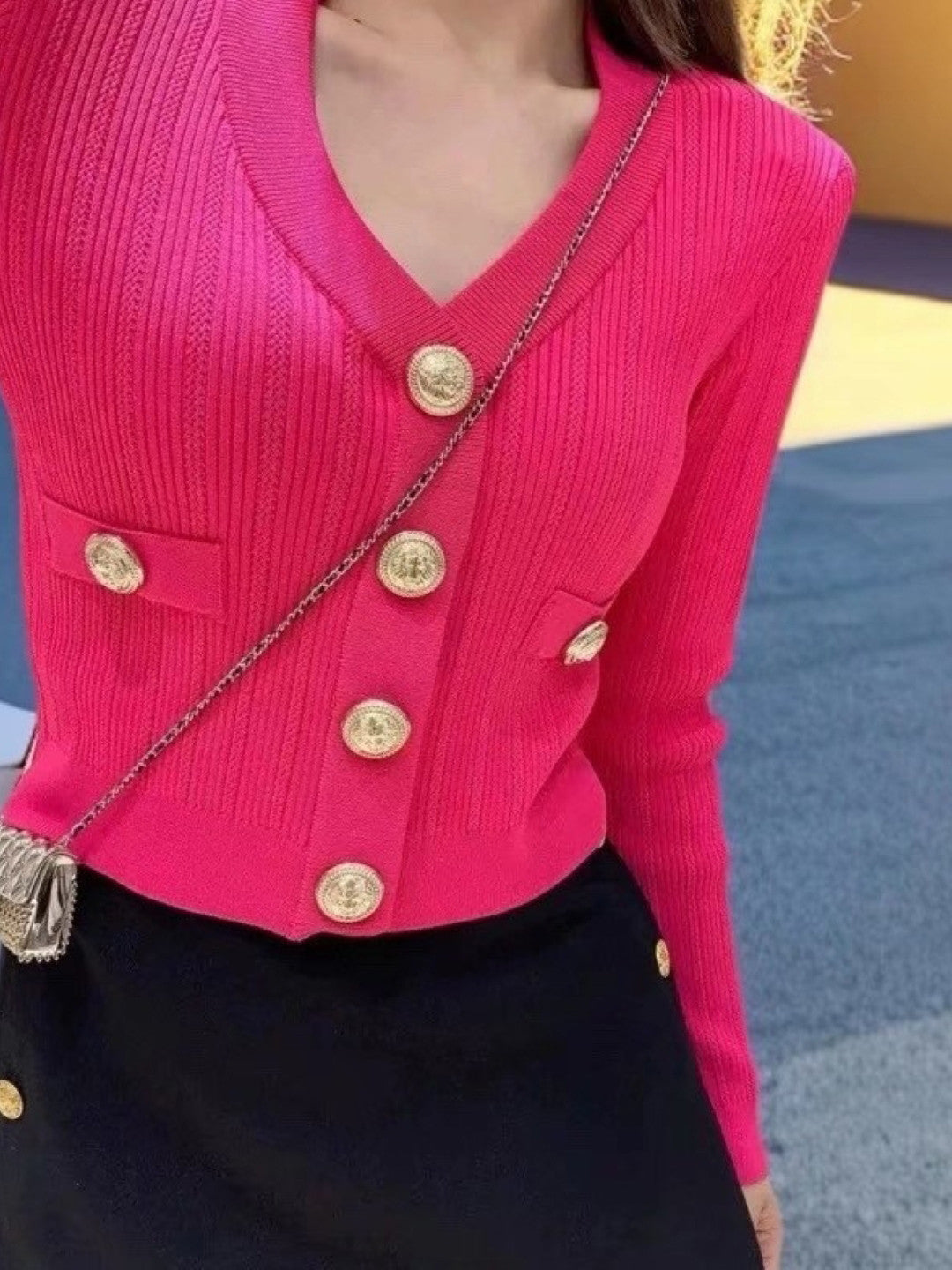 Pink V-Neck Long Sleeves Front-Open Solid Polyester Sweater