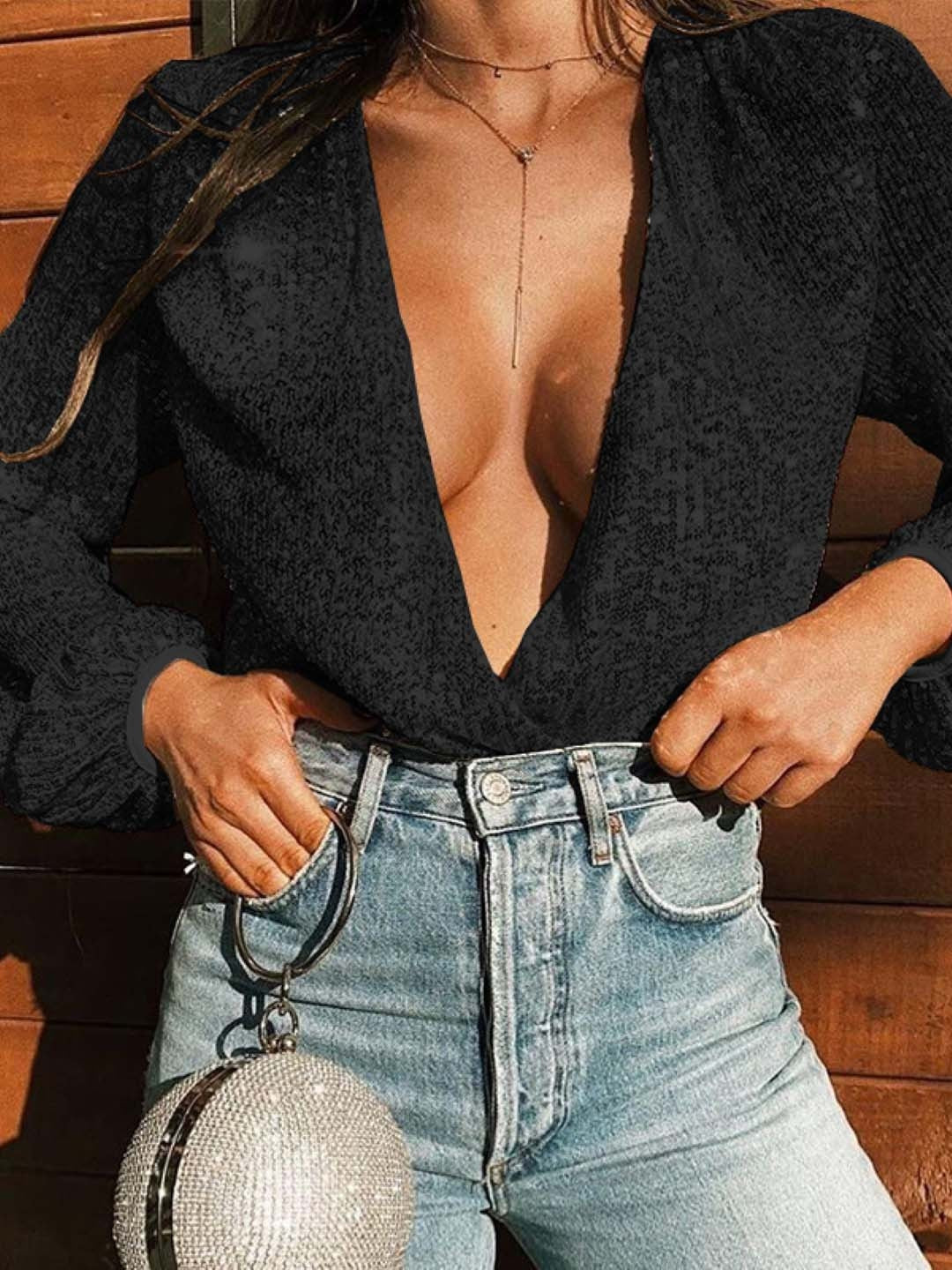 Black V-Neck Solid Long Sleeves Polyester Top