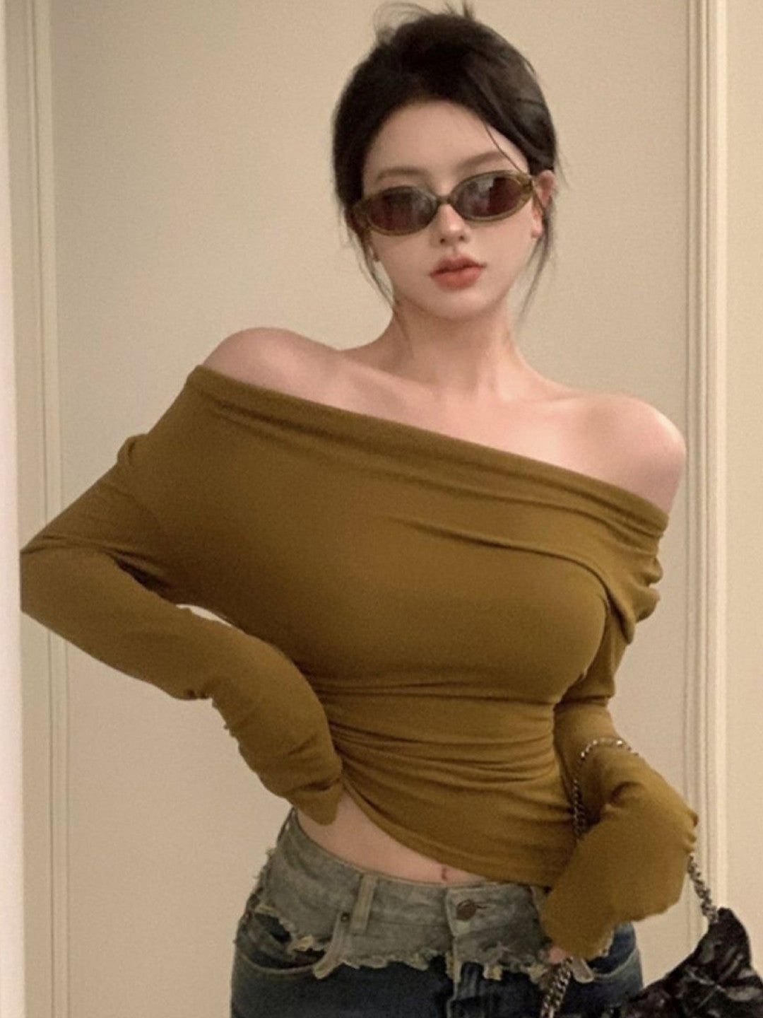 Brown Off-Shoulder Long Sleeves Solid Viscose Rayon Top