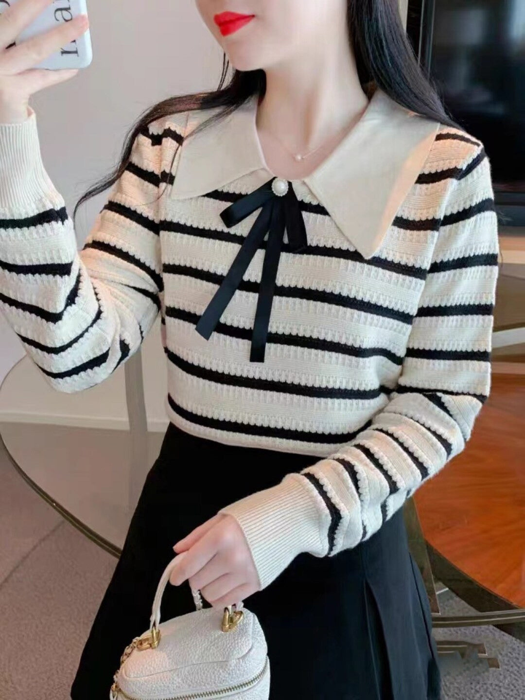 White Round Neck Long Sleeves Horizontal Stripes Regular Sleeves Viscose Rayon Top