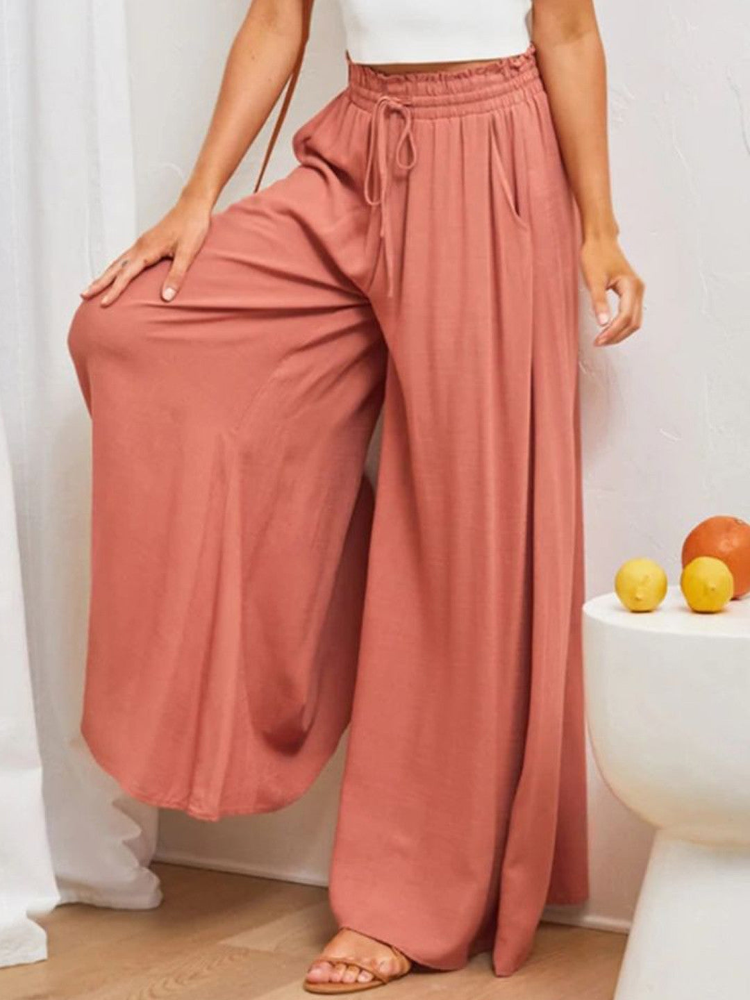 Pink Loose Fit Solid Polyester Trouser