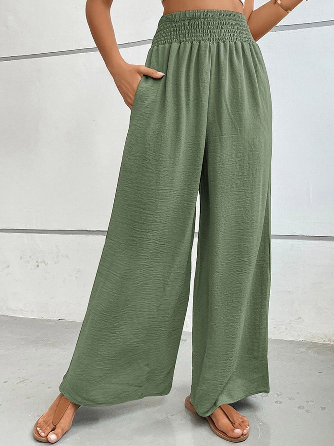 Green Loose Fit Solid Polyester Trouser