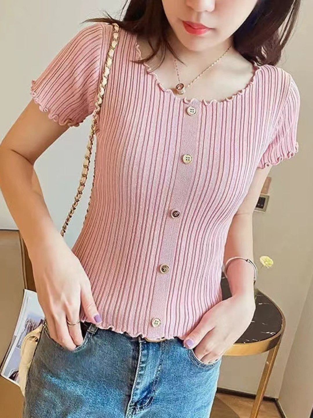 Pink Round Neck Solid Short Sleeves Viscose Rayon Regular Top