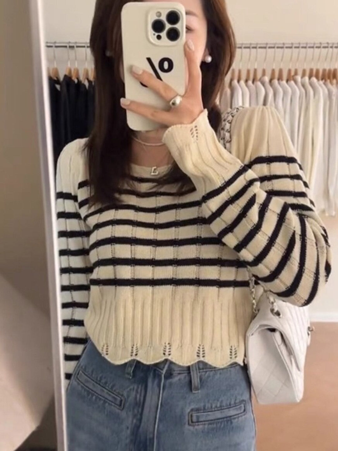 Cream Round Neck Long Sleeves Horizontal Stripes Regular Sleeves Viscose Rayon Top