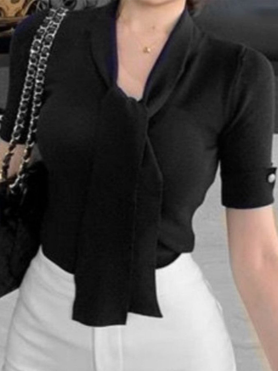 Black V-Neck Short Sleeves Solid Polyester Top