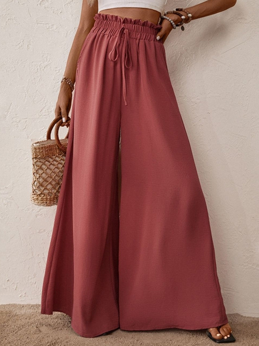 Beige Loose Fit Solid Polyester Trouser