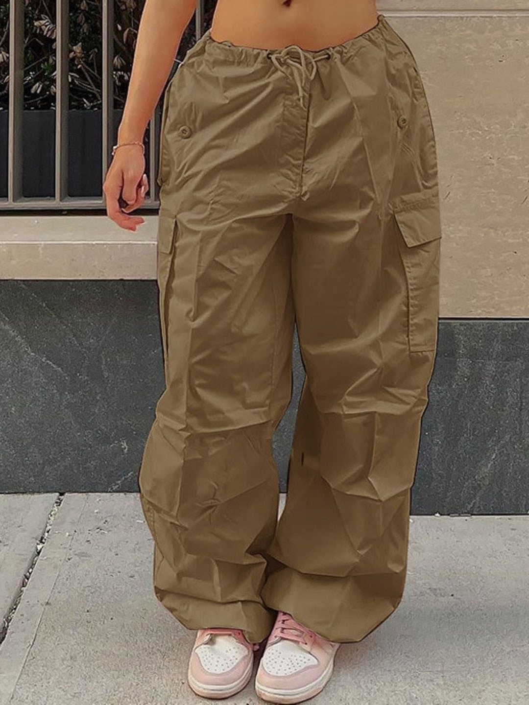 Khaki Loose Fit Solid Polyester Trouser