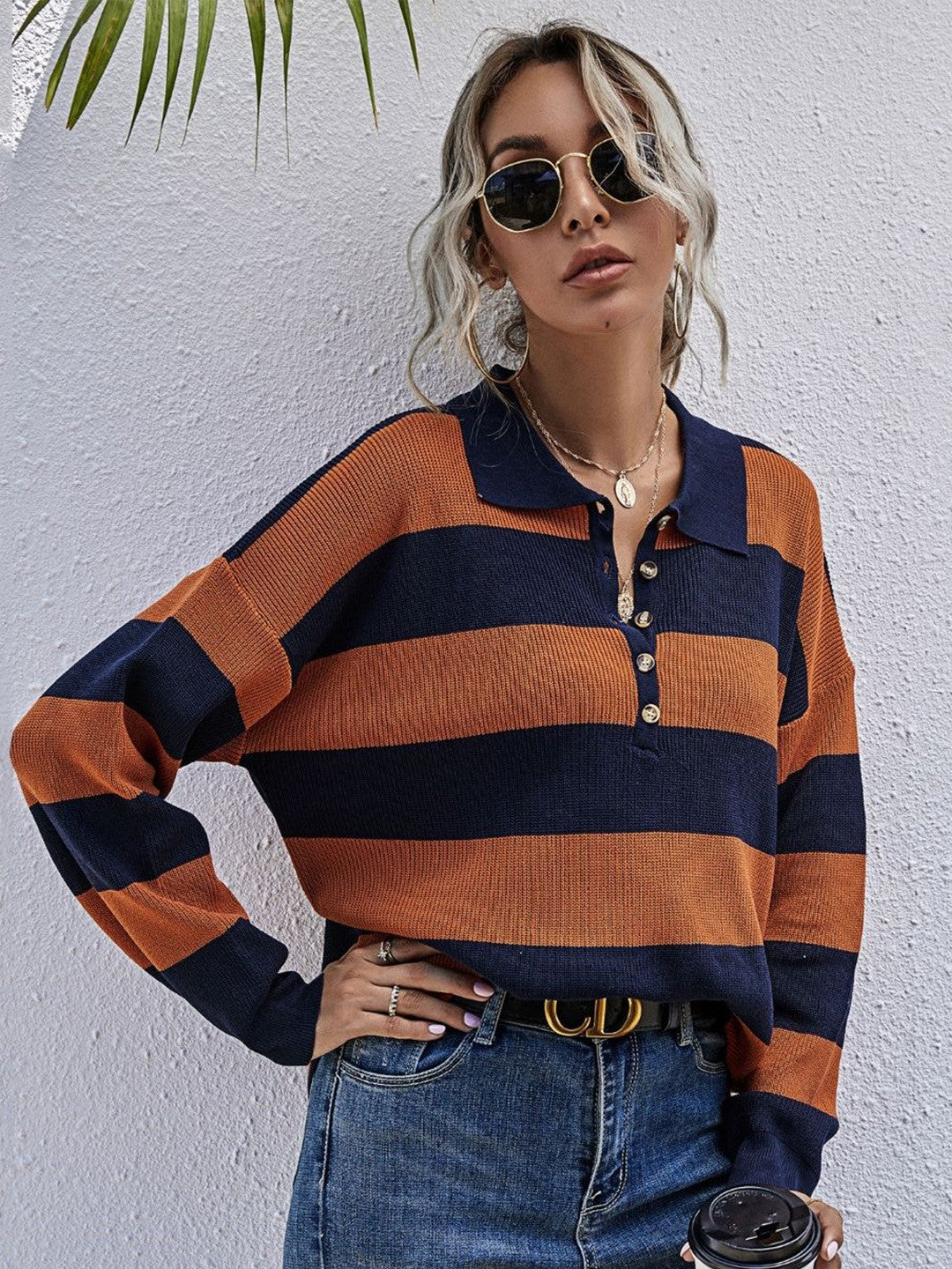 Orange Blue Shirt Collar Horizontal Stripes Long Sleeves Opaque Polyester Top