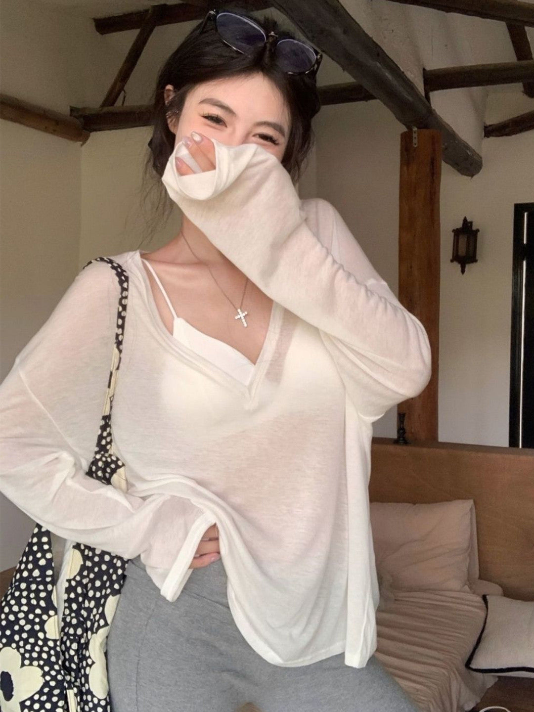 White V-Neck Long Sleeves Solid Polyester Top