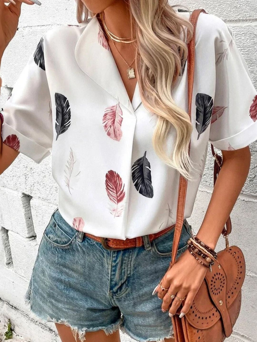 White V-Neck Tropical Short Sleeves Polyester Regular Top