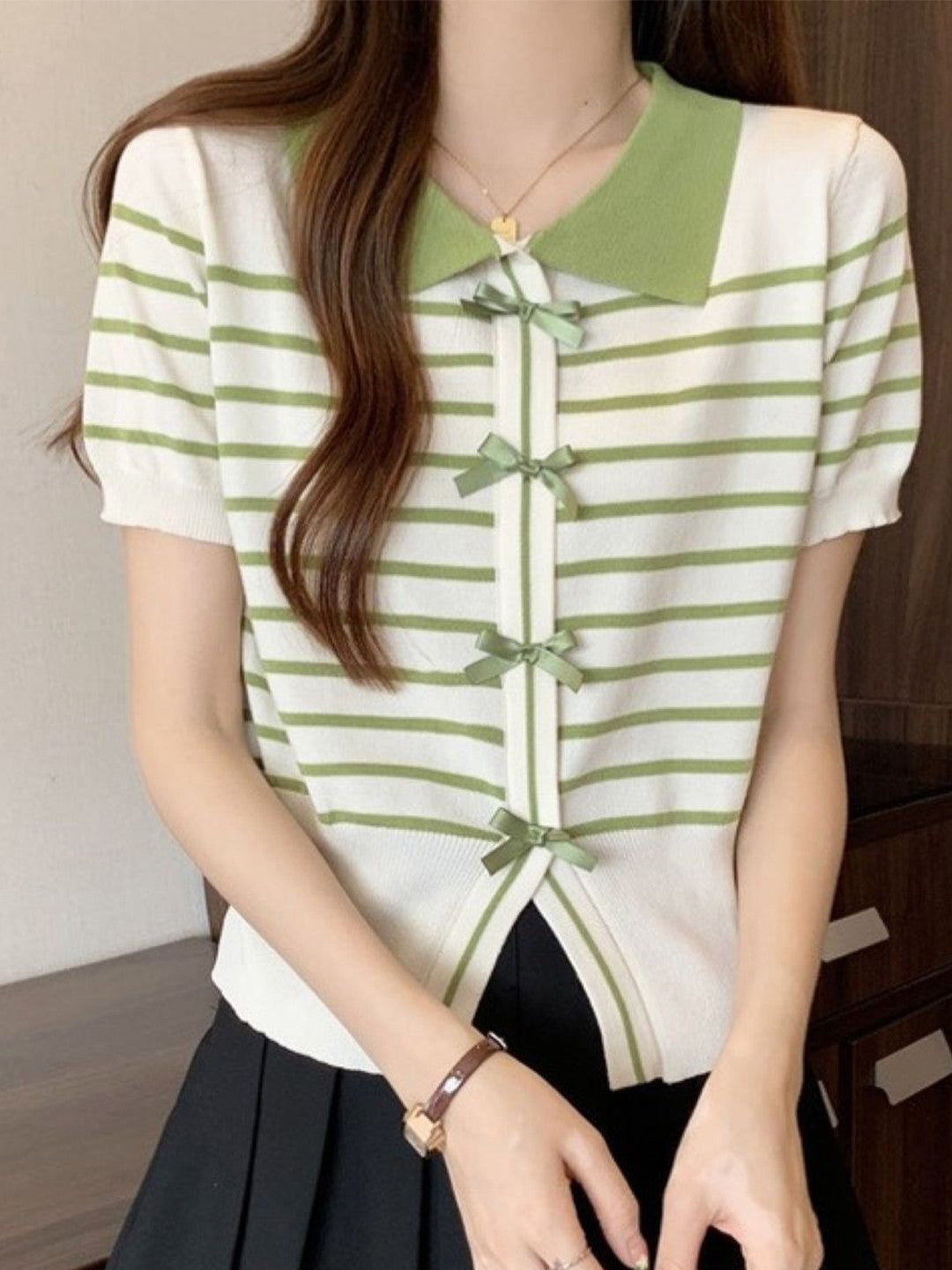 Green Shirt Collar Short Sleeves Horizontal Stripes Polyester Top